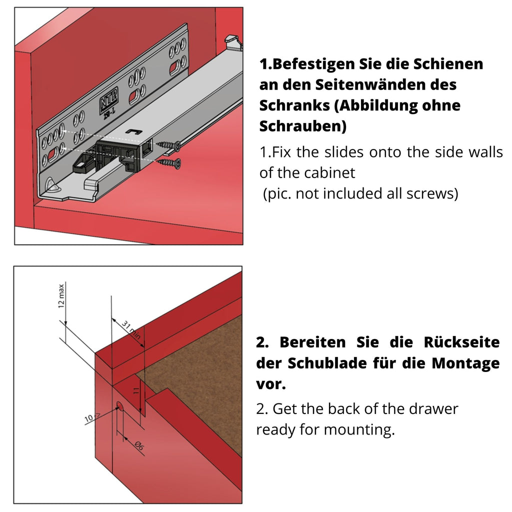 Soft-Close Unterflurführungen Schubladenschienen, Vollauszug 350mm