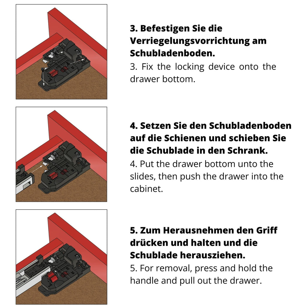 Soft-Close Unterflurführungen Schubladenschienen, Vollauszug 250mm - 600mm