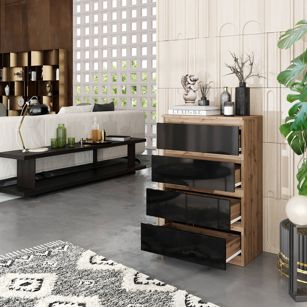 GABRIEL - Kommode / Sideboard mit 4 Schubladen - Wotan Eiche / Schwarz Gloss H92cm B60cm T33cm