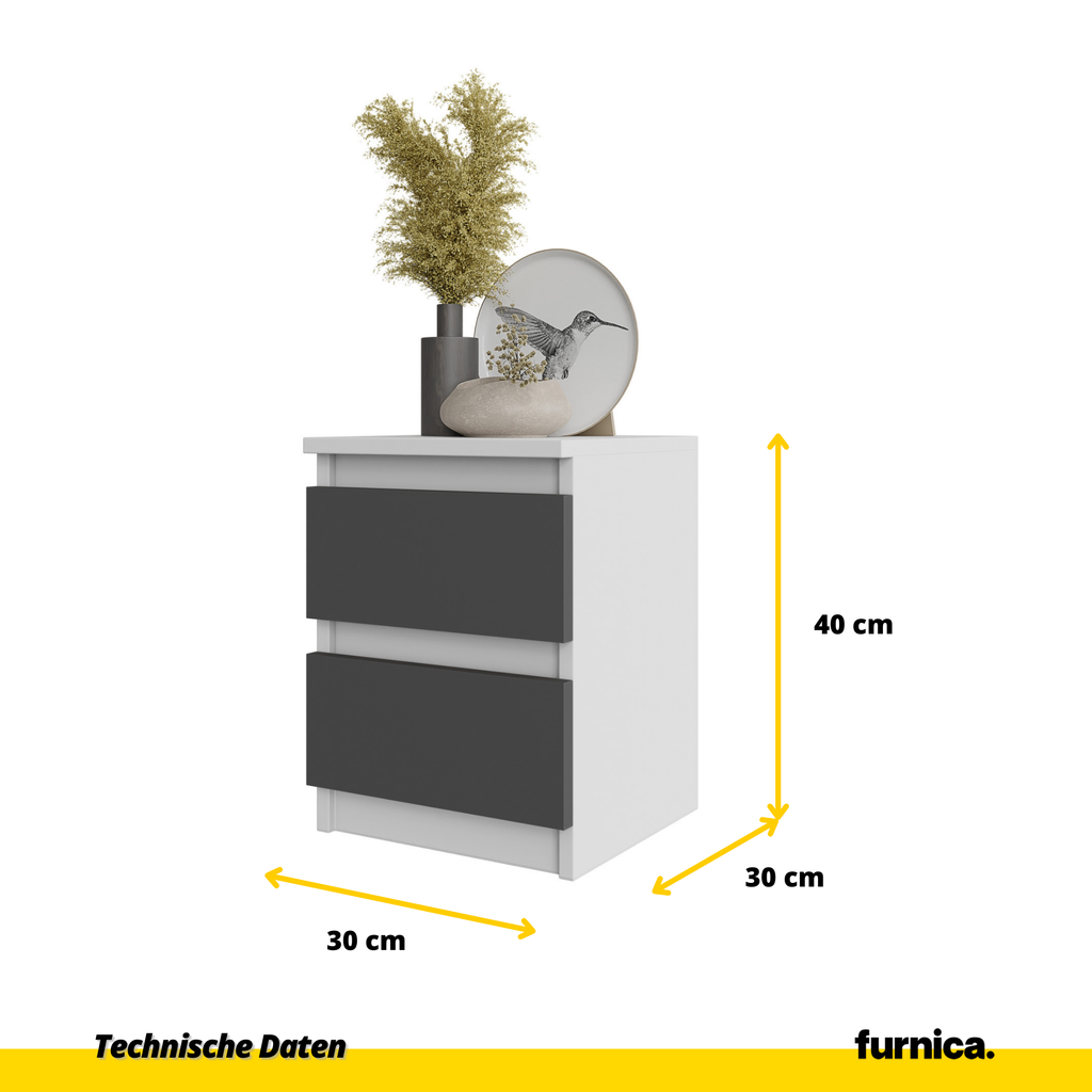 GABRIEL - Nachttisch - Nachtschrank mit 2 Schubladen - Weiß Matt / Anthrazit H40cm B30cm T30cm