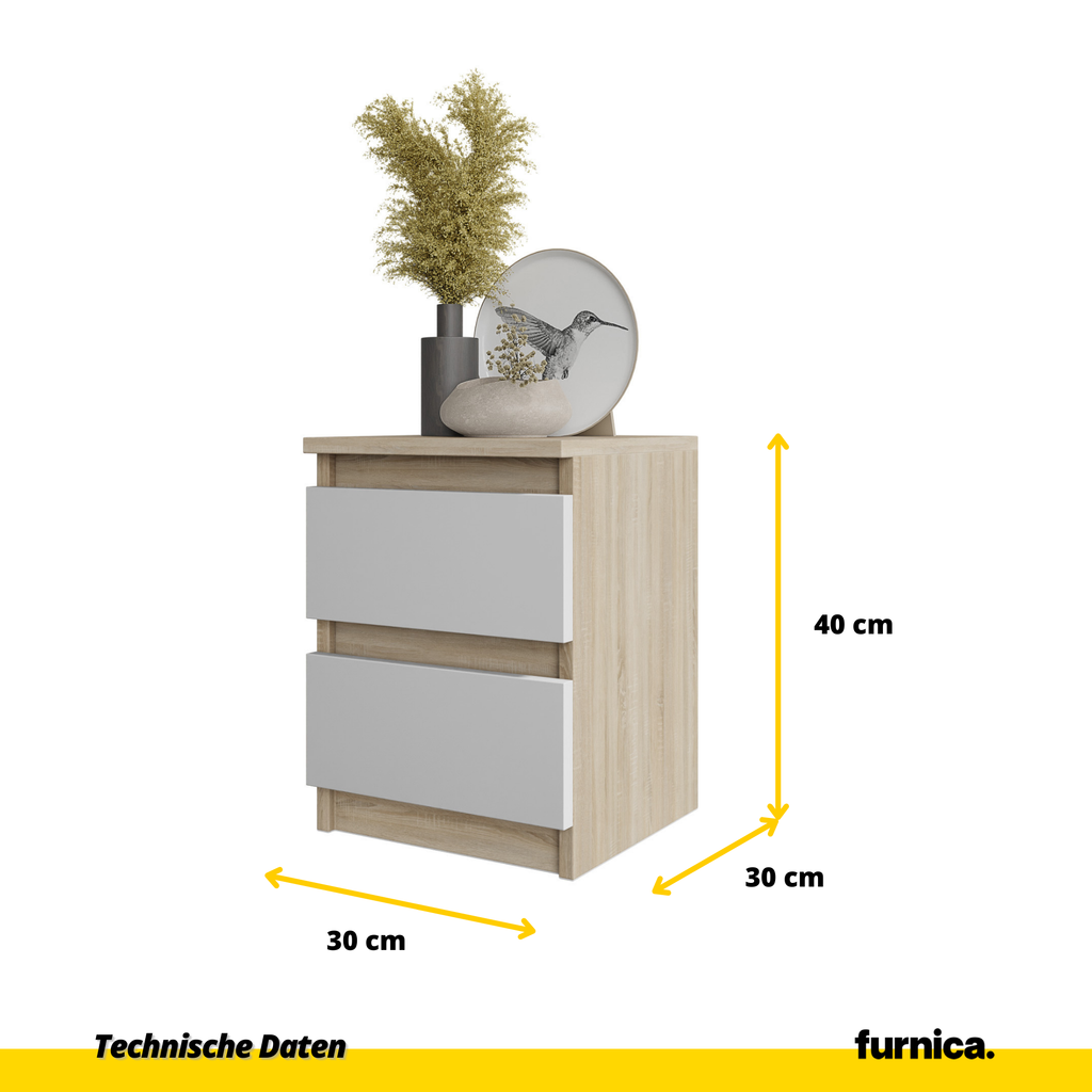 GABRIEL - Nachttisch - Nachtschrank mit 2 Schubladen - Sonoma Eiche / Weiß Matt H40cm B30cm T30cm