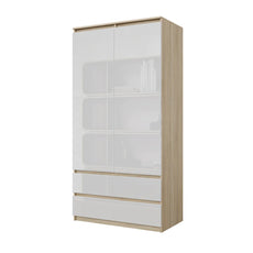 JOELLE - Kleiderschrank mit 2 Türen und 2 Schubladen - Sonoma Eiche / Weiß Gloss H180cm B90cm T50cm