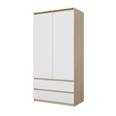 JOELLE - Kleiderschrank mit 2 Türen und 2 Schubladen -  Sonoma Eiche / Weiß Matt H180cm B90cm T50cm