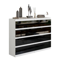 GABRIEL - Kommode / Sideboard mit 8 Schubladen - Weiß Matt / Schwarz Gloss H92cm W120cm D33cm