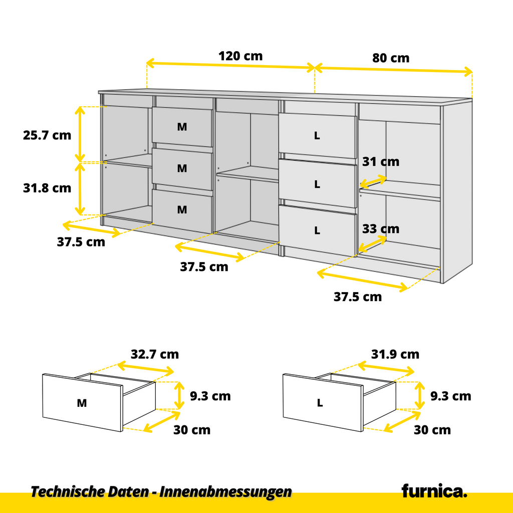 MIKEL - Kommode mit 6 Schubladen und 3 Türen - Schlafzimmer Kommode Aufbewahrung Schrank Sideboard - Wotan Eiche / Weiß Matt H75cm B200cm T35cm