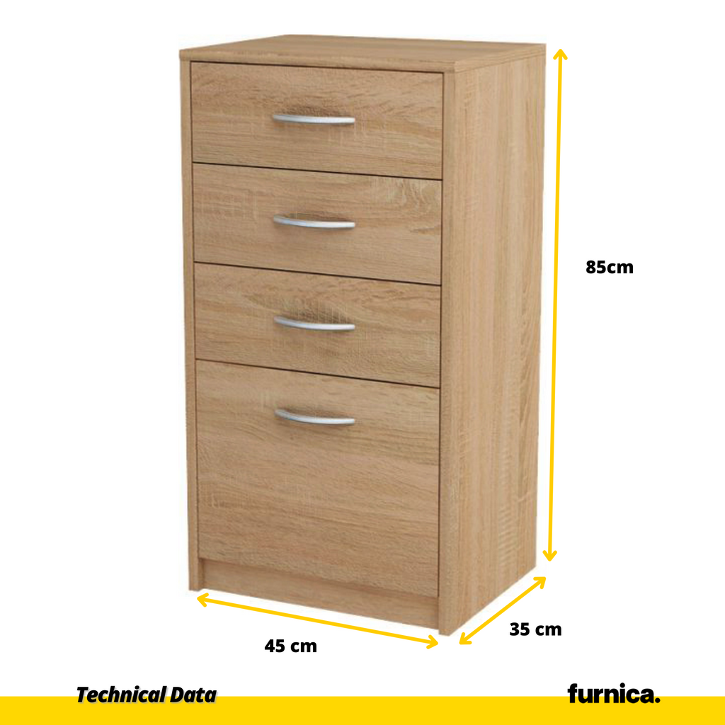 JULIA - Kommode mit 4 Schubladen - Schlafzimmer Kommode Aufbewahrung Schrank Sideboard - Sonoma Eiche H85cm B45cm T35cm