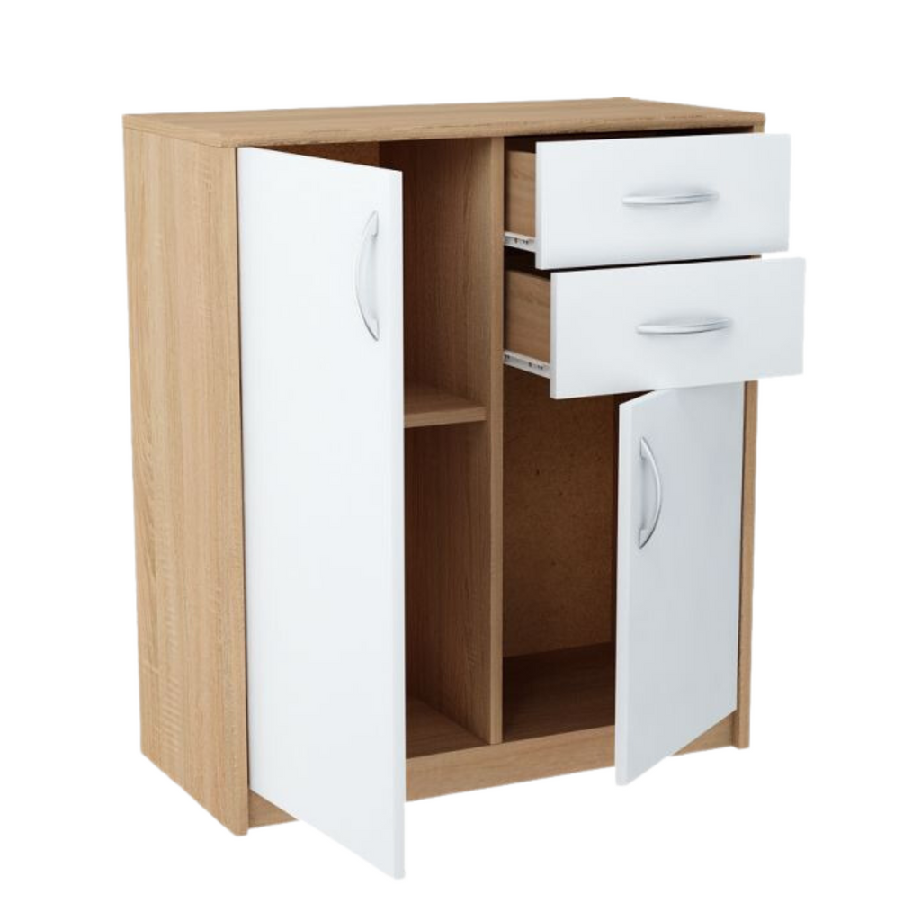 JULIA - Kommode mit 2 Schubladen und 2 Türen - Schlafzimmer Kommode Aufbewahrung Schrank Sideboard - Sonoma Eiche / Weiß Matt H85cm B74cm T35cm