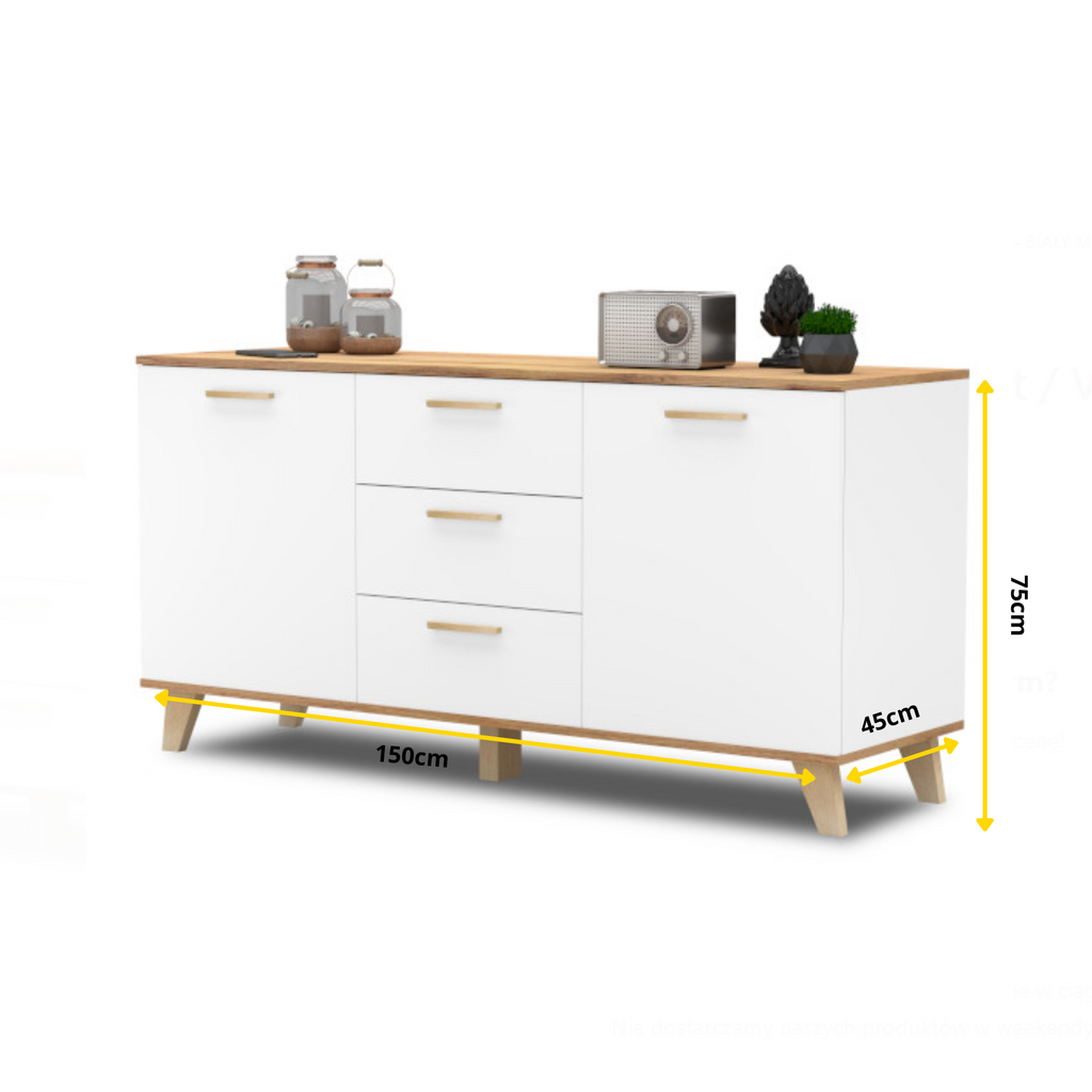 INGRID - Skandinavisch Kommode / Sideboard mit 3 Schubladen, 2 Türen - Weiß Matt / Wotan Eiche H75cm B150cm T45cm