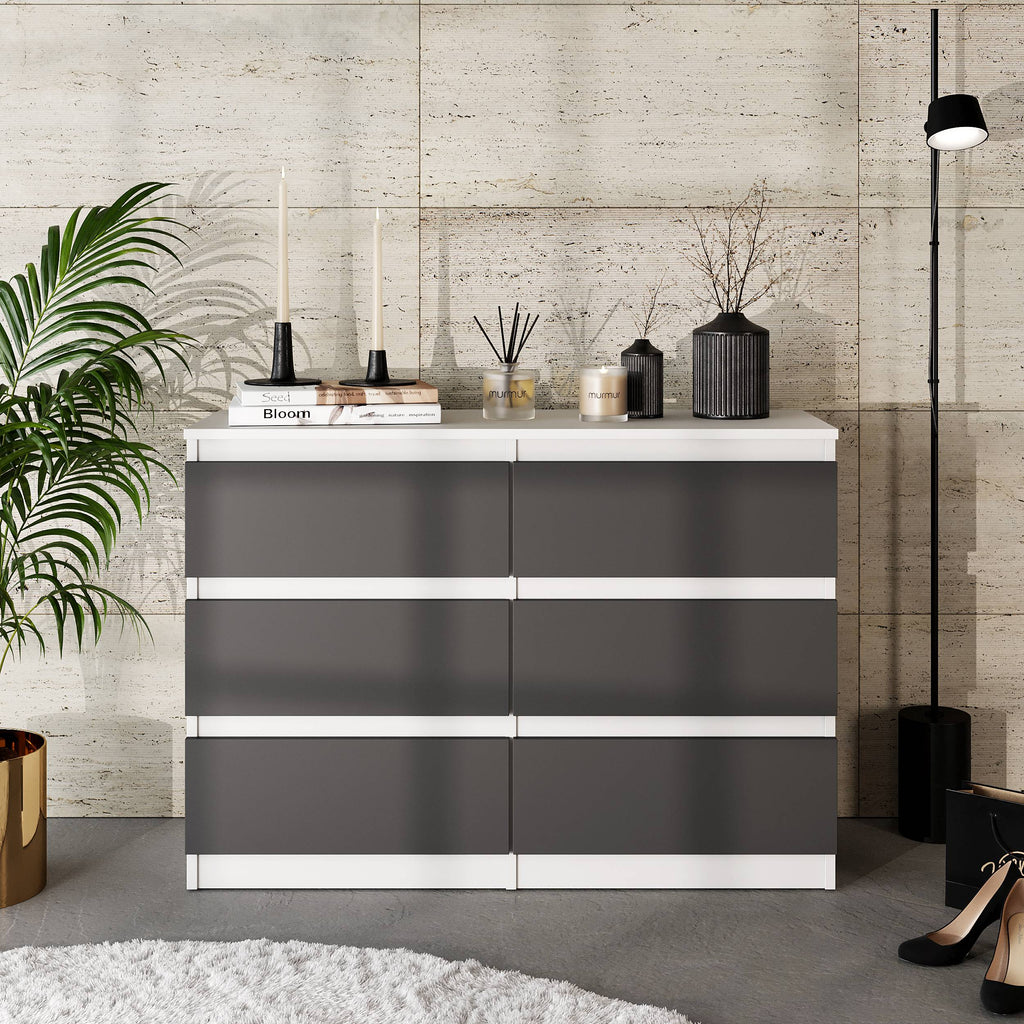 GABRIEL - Kommode / Sideboard mit 6 Schubladen - Weiß Matt / Anthrazit H71cm B100cm TD33cm