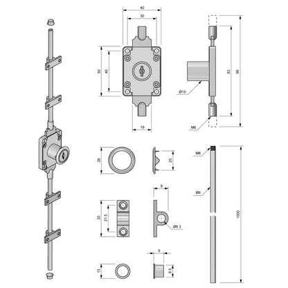 Ausziehbares Stangenschloss 19x22mm, 2 Stäbe L-1000mm, Chrom – Furnica