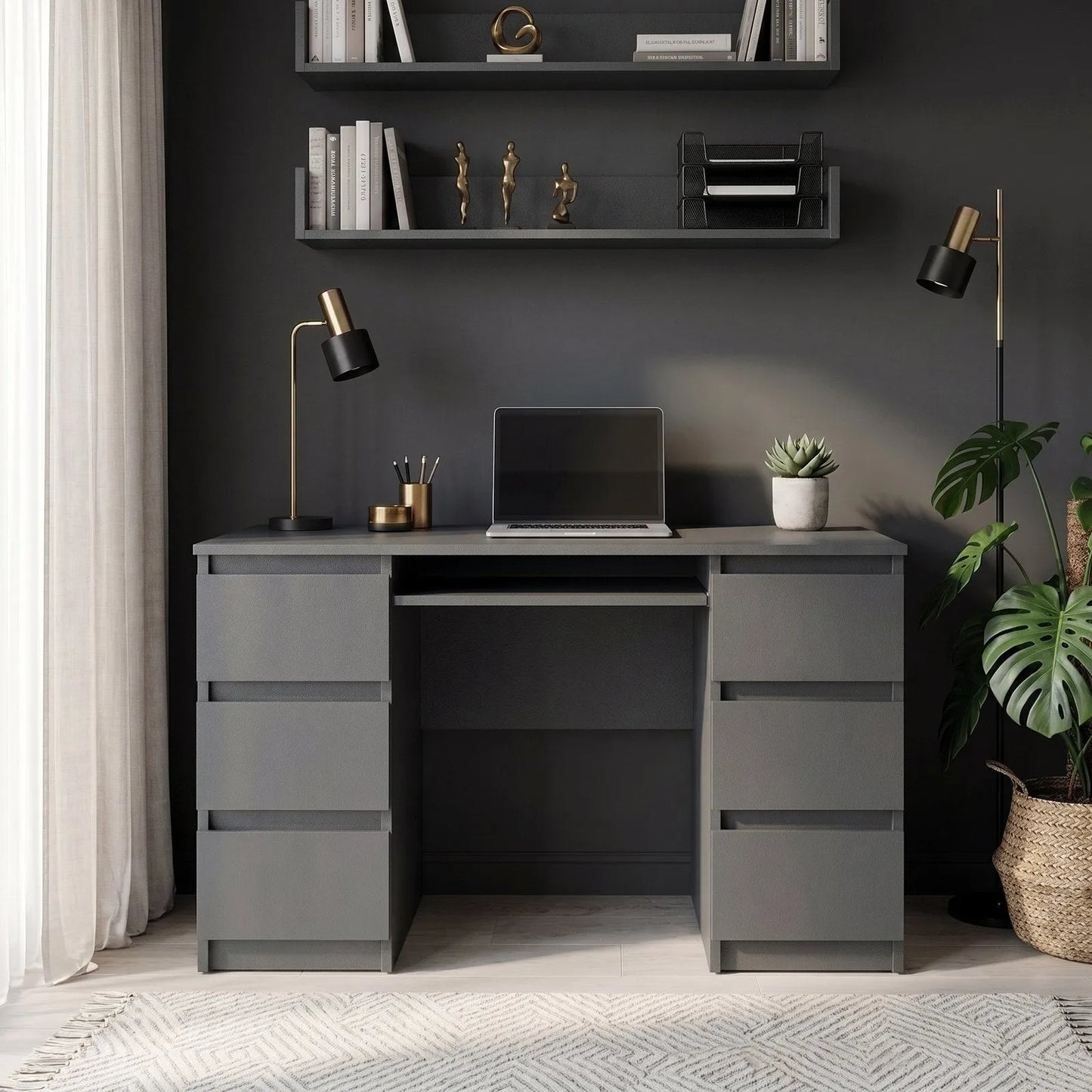 CUBA - Schreibtisch mit 6 Schubladen und Tastaturablage 130cm - Anthrazit Grau – Furnica
