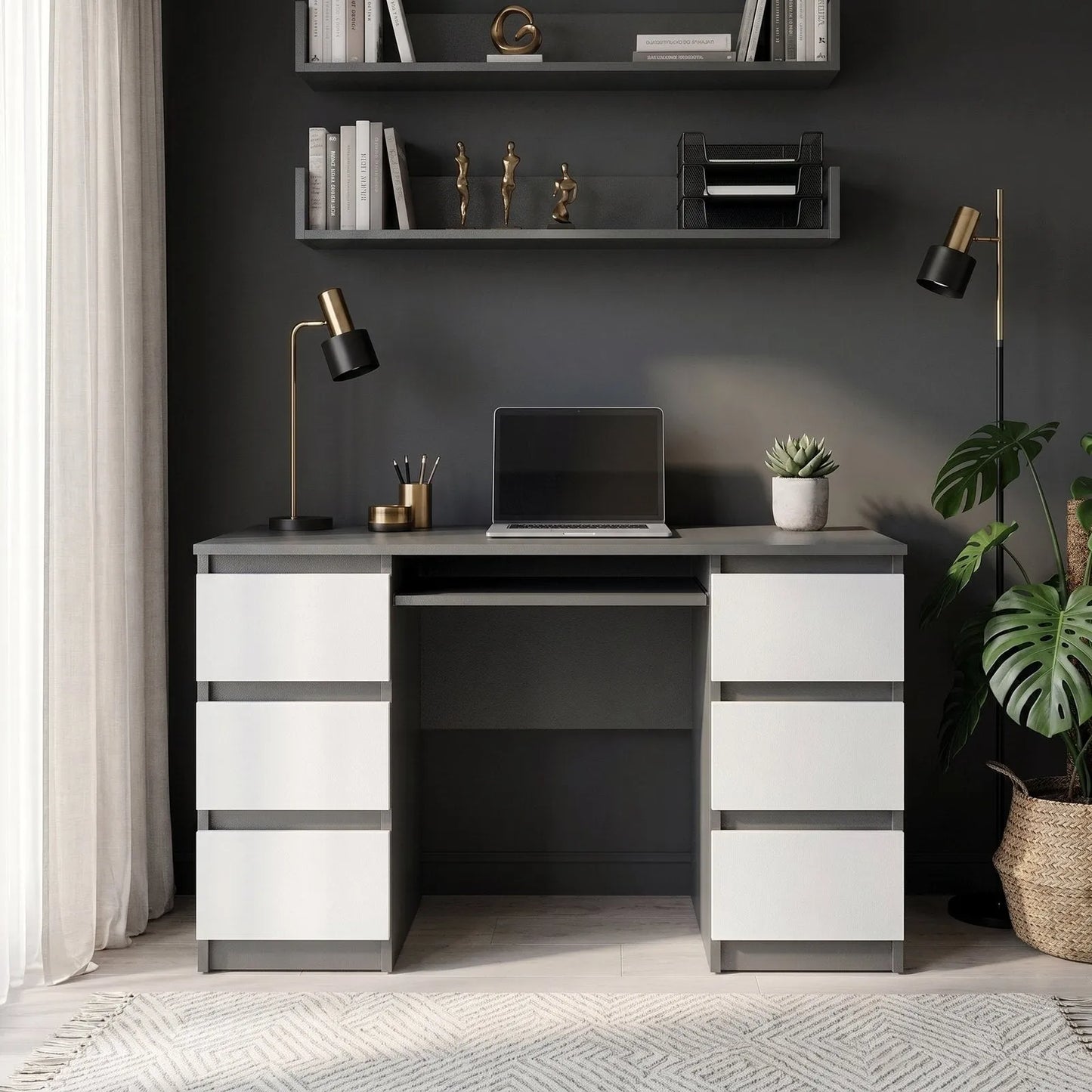 CUBA - Schreibtisch mit 6 Schubladen und Tastaturablage 130cm - Anthrazit Grau / Weiß Matt – Furnica