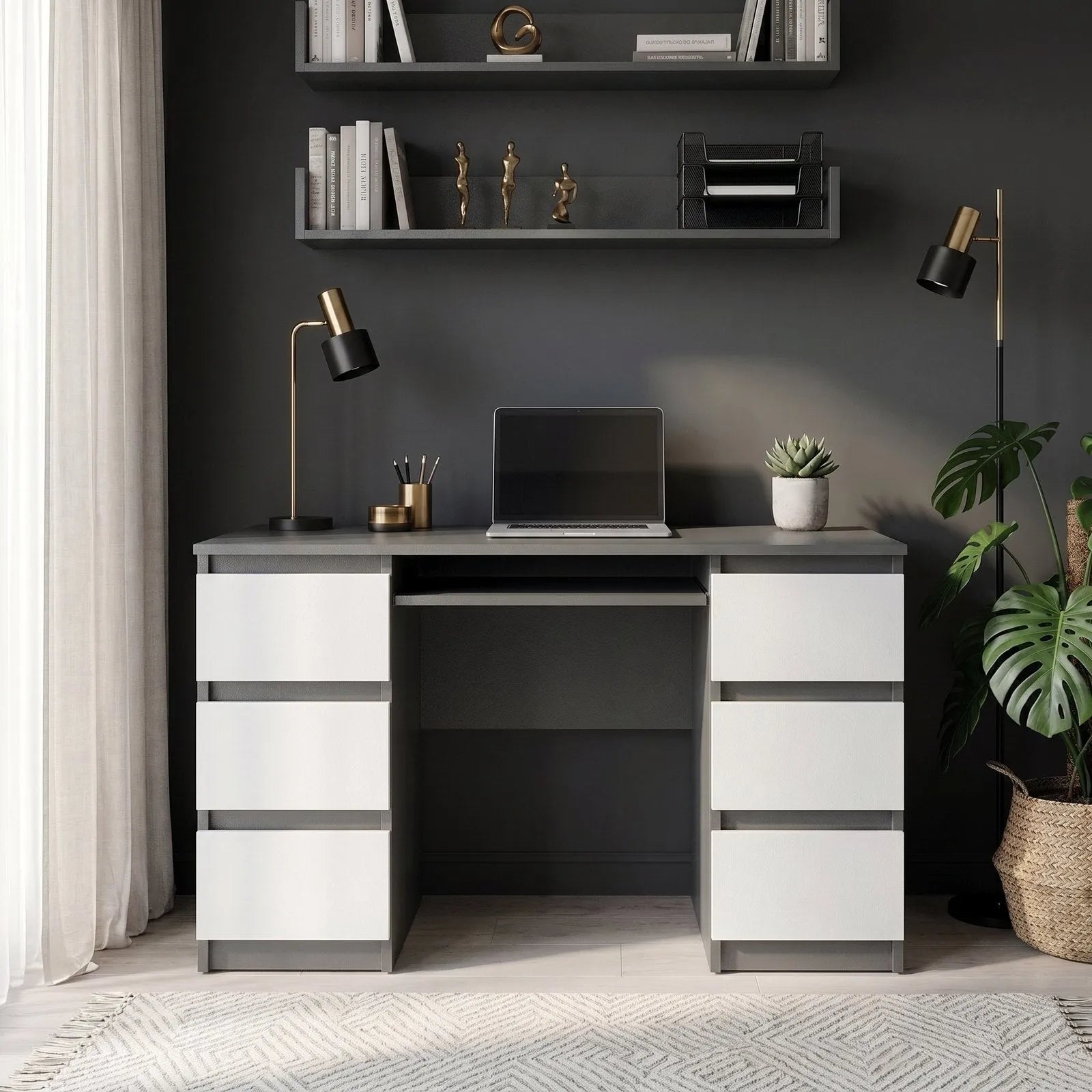 CUBA - Schreibtisch mit 6 Schubladen und Tastaturablage 130cm - Anthrazit Grau / Weiß Matt – Furnica