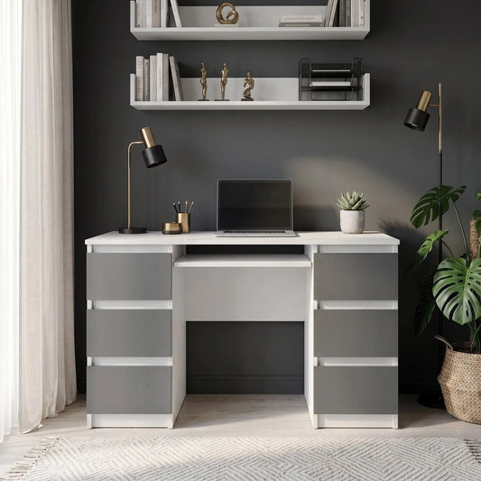 CUBA - Schreibtisch mit 6 Schubladen und Tastaturablage 130cm - Weiß Matt / Anthrazit Grau – Furnica