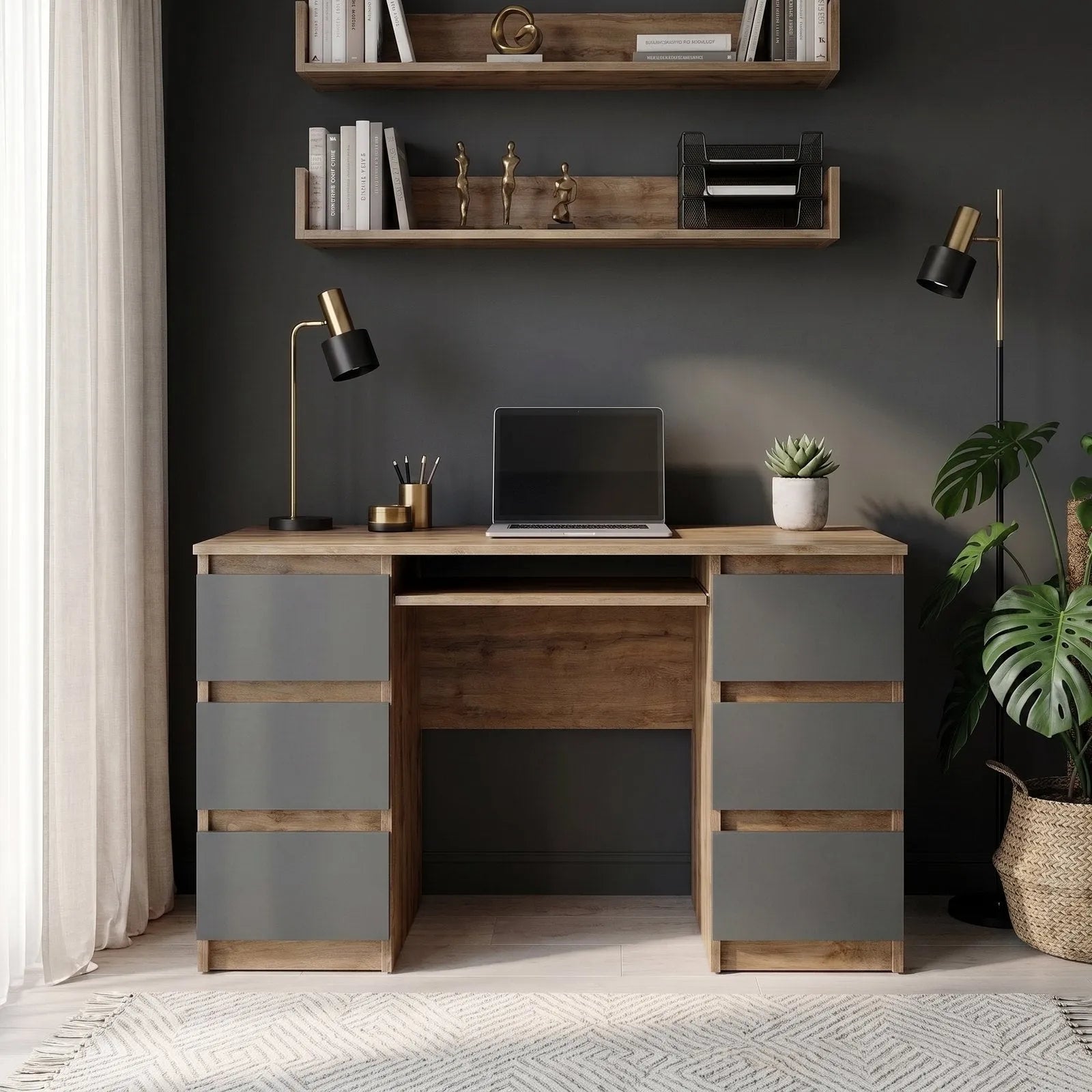 CUBA - Schreibtisch mit 6 Schubladen und Tastaturablage 130cm - Wotan Eiche / Anthrazit Grau – Furnica