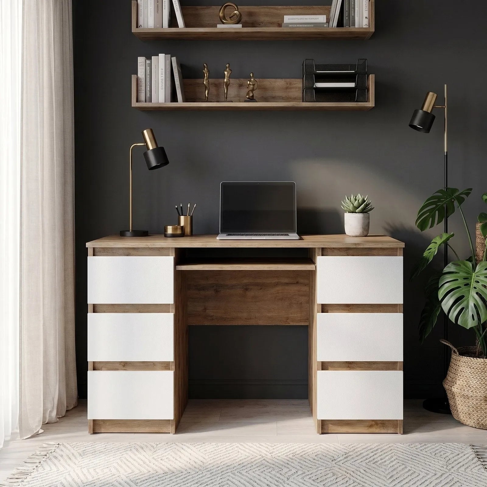 CUBA - Schreibtisch mit 6 Schubladen und Tastaturablage 130cm - Wotan Eiche / Weiß Matt – Furnica