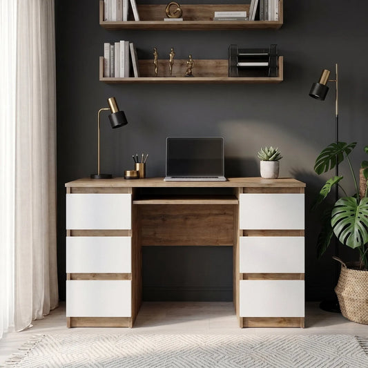 CUBA - Schreibtisch mit 6 Schubladen und Tastaturablage 130cm - Wotan Eiche / Weiß Matt – Furnica