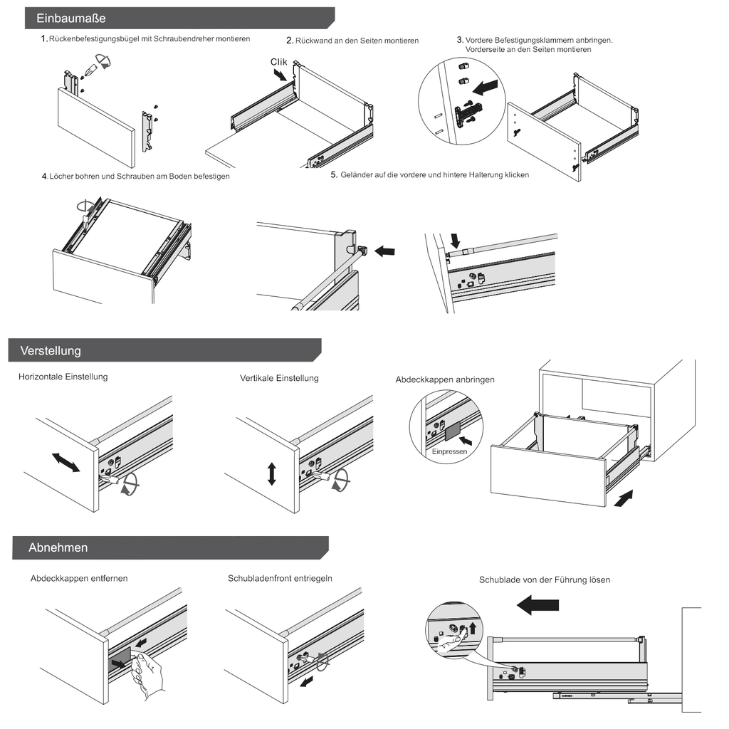 Soft-Close Schubladensystem, MITTEL, H: 142mm, Weiß 270mm
