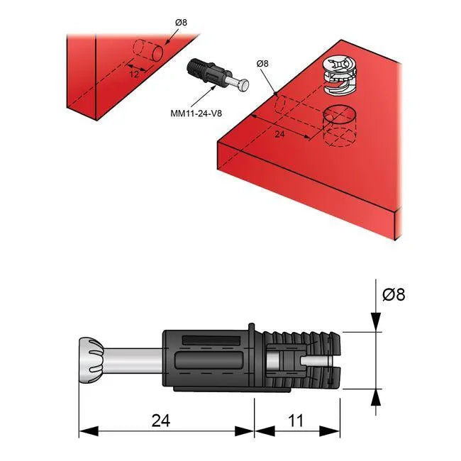 Einschraubdübel zum erweitern L24mm, Ø8mm (1 Stk.) – Furnica