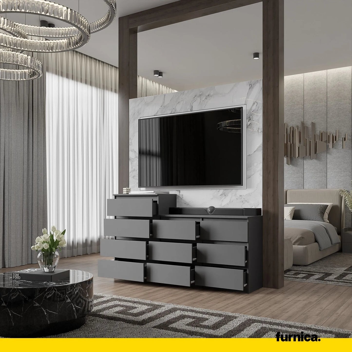 GABRIEL - Kommode / Sideboard mit 10 Schubladen (6+4) - Anthrazit Grau H92/70cm B160cm T33cm – Furnica