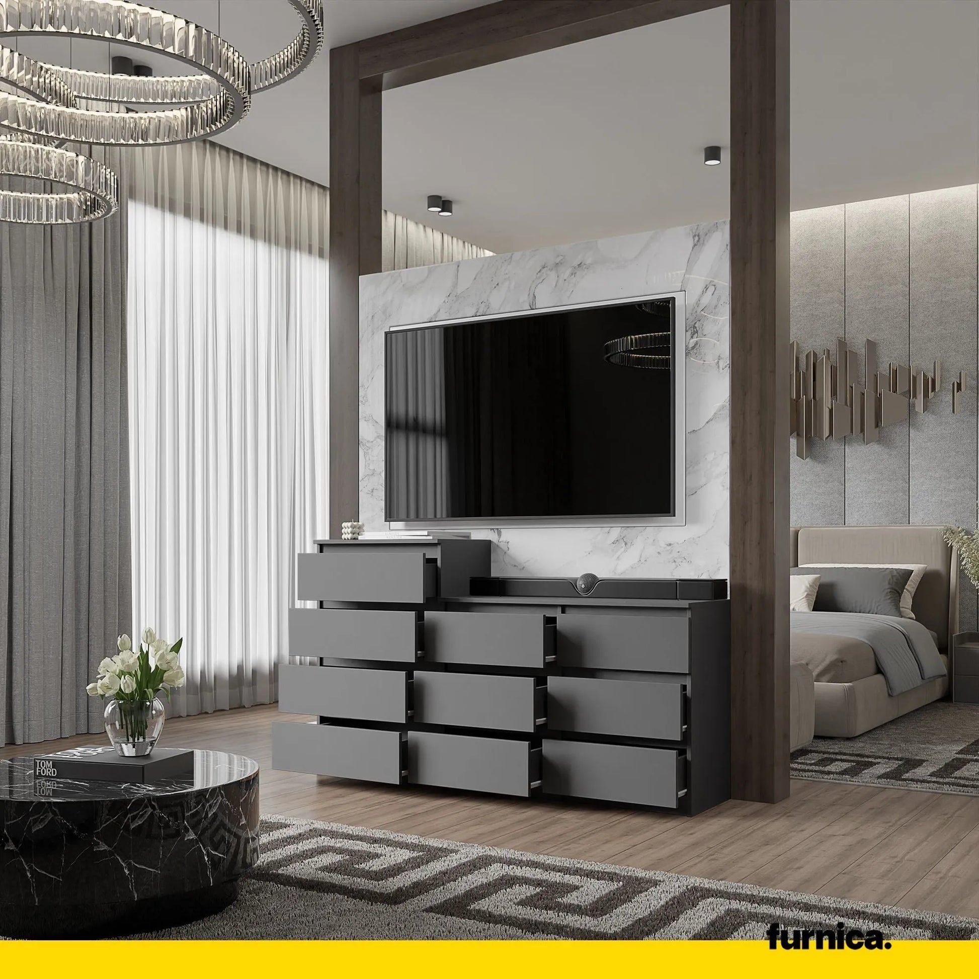GABRIEL - Kommode / Sideboard mit 10 Schubladen (6+4) - Anthrazit Grau H92/70cm B160cm T33cm – Furnica