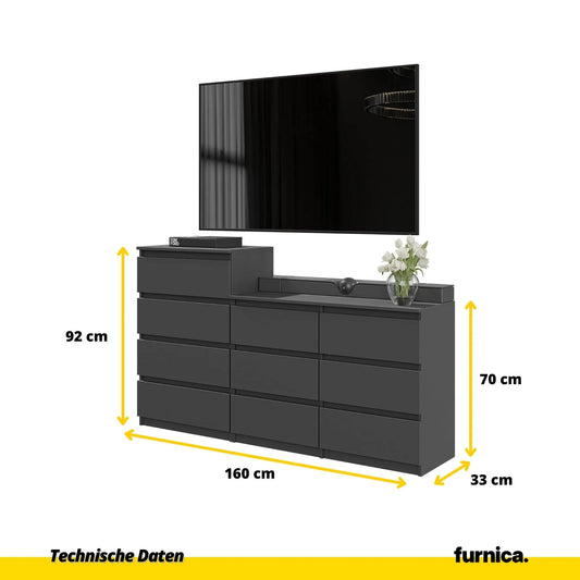 GABRIEL - Kommode / Sideboard mit 10 Schubladen (6+4) - Anthrazit Grau H92/70cm B160cm T33cm – Furnica