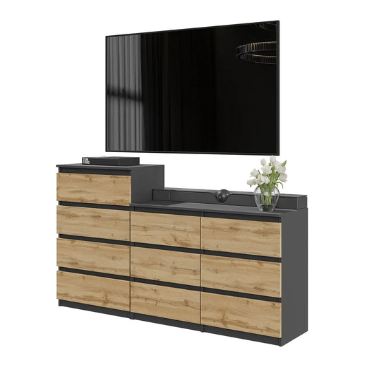 GABRIEL - Kommode / Sideboard mit 10 Schubladen (6+4) - Anthrazit Grau / Wotan Eiche H92/70cm B160cm T33cm – Furnica