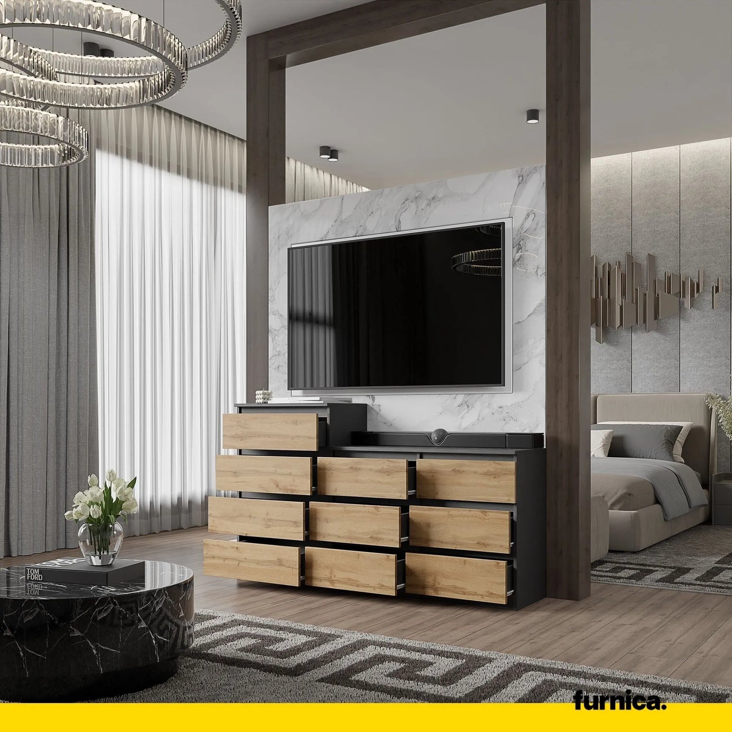 GABRIEL - Kommode / Sideboard mit 10 Schubladen (6+4) - Anthrazit Grau / Wotan Eiche H92/70cm B160cm T33cm – Furnica