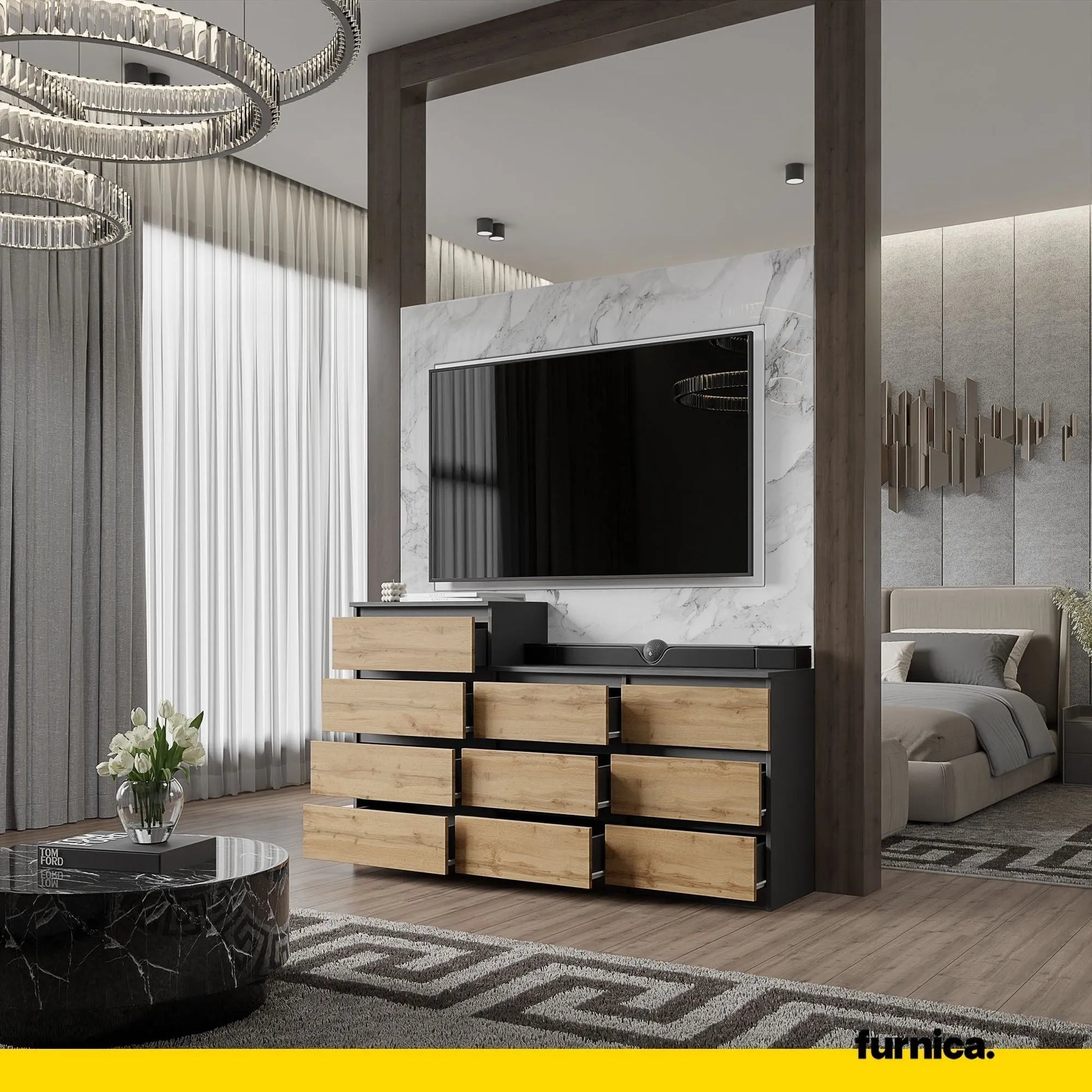 GABRIEL - Kommode / Sideboard mit 10 Schubladen (6+4) - Anthrazit Grau / Wotan Eiche H92/70cm B160cm T33cm – Furnica