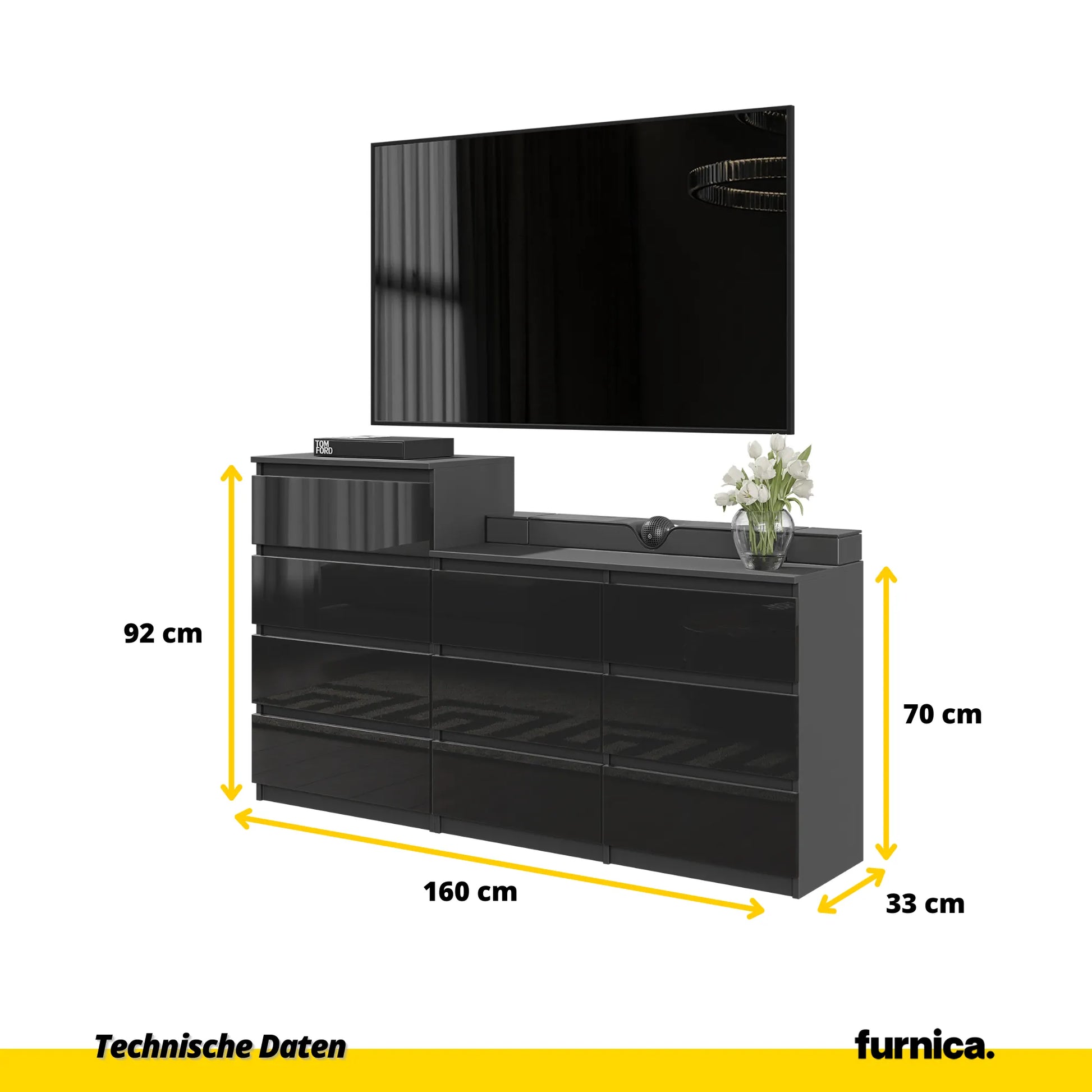 GABRIEL - Kommode / Sideboard mit 10 Schubladen (6+4) - Anthrazit / Schwarz Gloss H92/70cm B160cm T33cm – Furnica