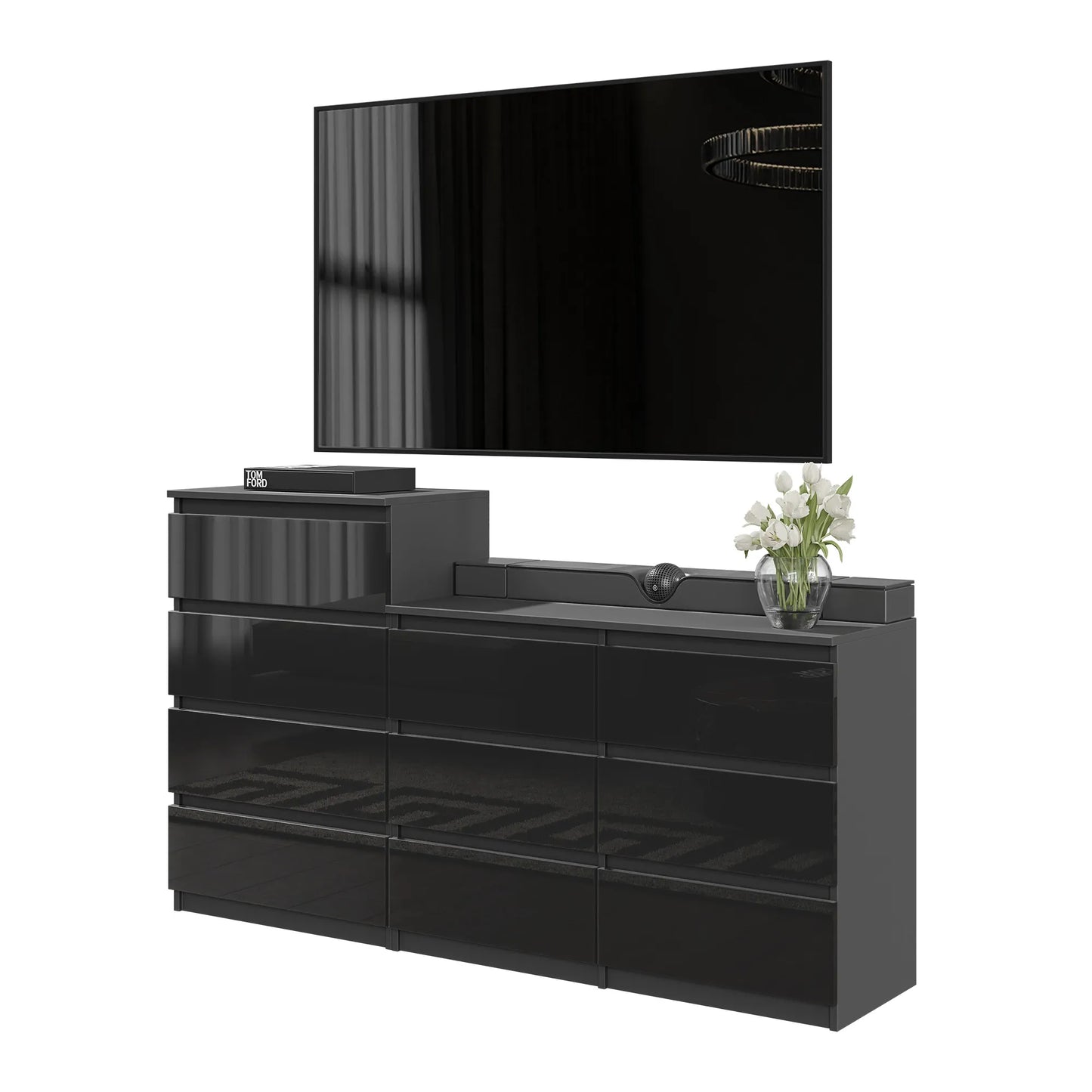 GABRIEL - Kommode / Sideboard mit 10 Schubladen (6+4) - Anthrazit / Schwarz Gloss H92/70cm B160cm T33cm – Furnica