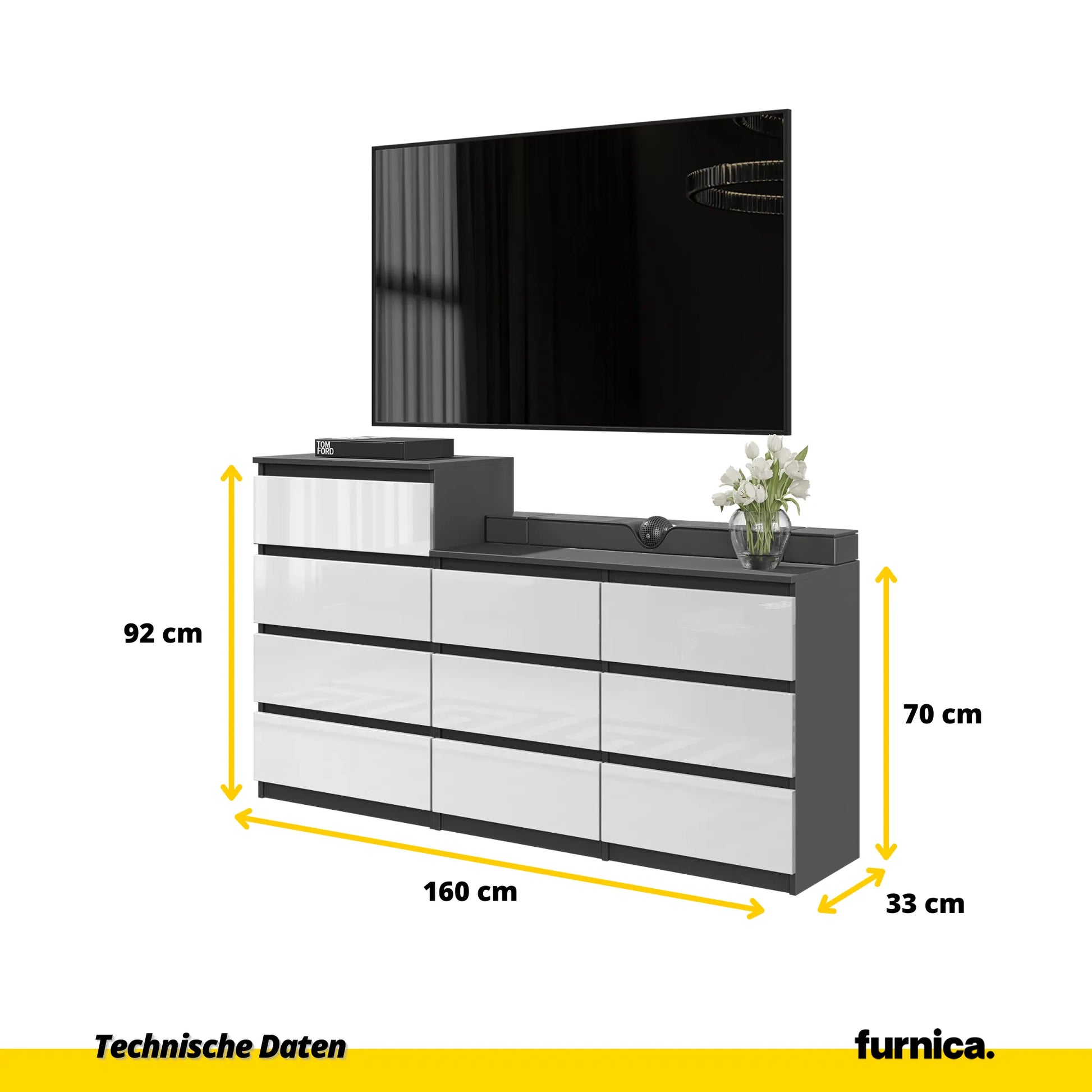 GABRIEL - Kommode / Sideboard mit 10 Schubladen (6+4) - Anthrazit / Weiß Gloss H92/70cm B160cm T33cm – Furnica