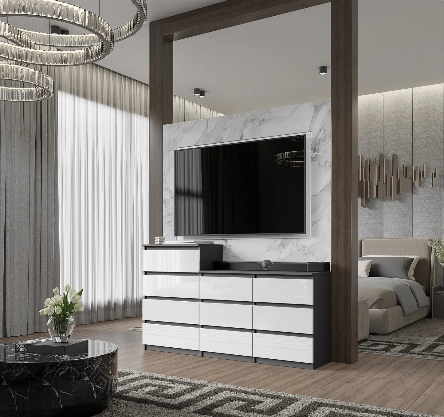 GABRIEL - Kommode / Sideboard mit 10 Schubladen (6+4) - Anthrazit / Weiß Gloss H92/70cm B160cm T33cm – Furnica