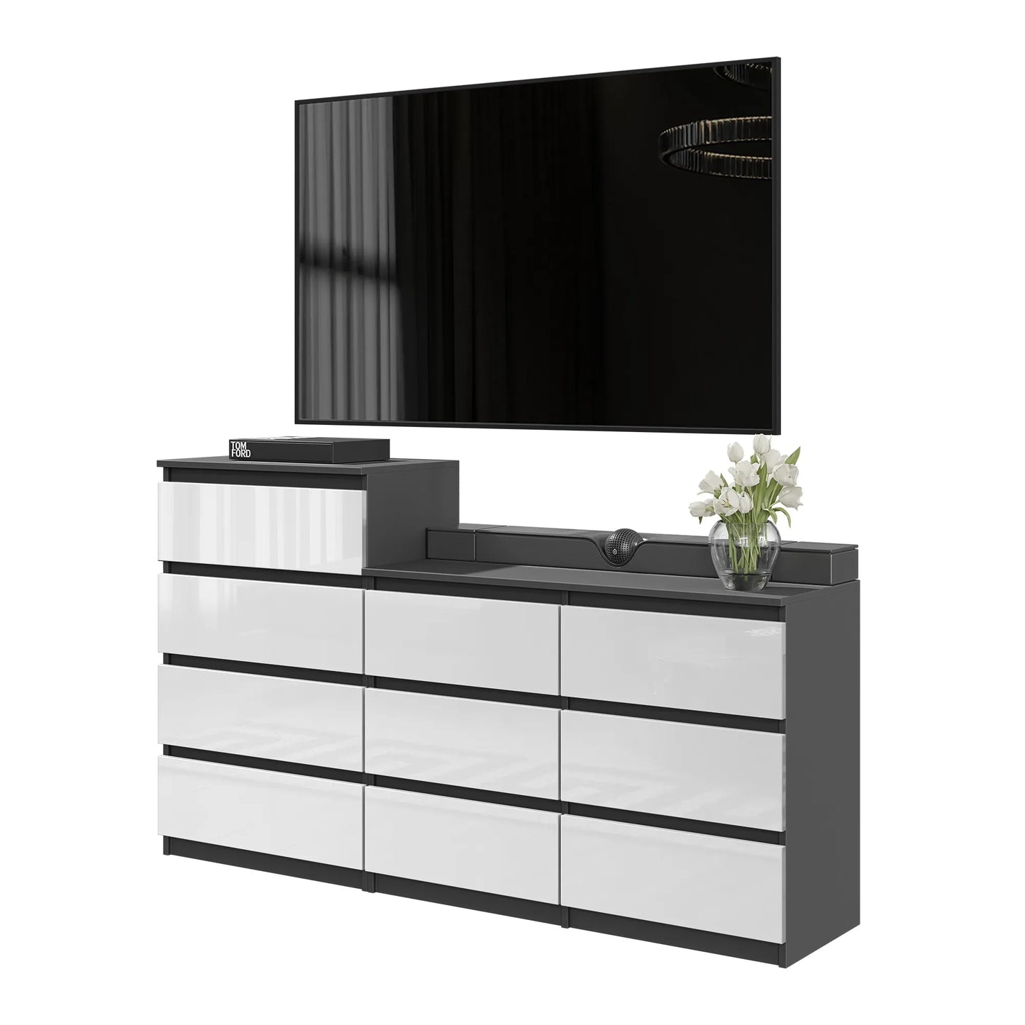 GABRIEL - Kommode / Sideboard mit 10 Schubladen (6+4) - Anthrazit / Weiß Gloss H92/70cm B160cm T33cm – Furnica