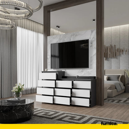 GABRIEL - Kommode / Sideboard mit 10 Schubladen (6+4) - Anthrazit / Weiß Matt H92/70cm B160cm T33cm – Furnica