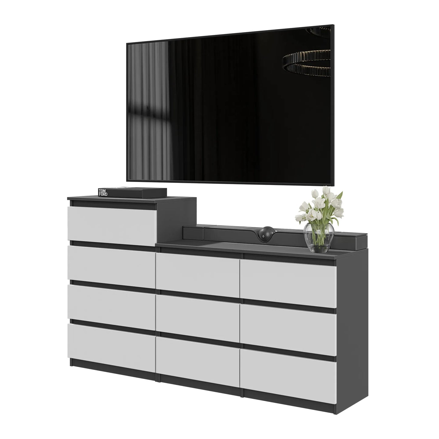 GABRIEL - Kommode / Sideboard mit 10 Schubladen (6+4) - Anthrazit / Weiß Matt H92/70cm B160cm T33cm – Furnica
