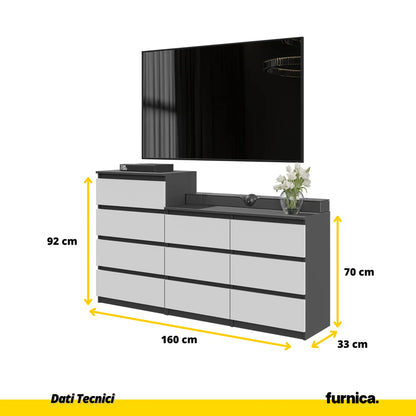 GABRIEL - Kommode / Sideboard mit 10 Schubladen (6+4) - Anthrazit / Weiß Matt H92/70cm B160cm T33cm – Furnica