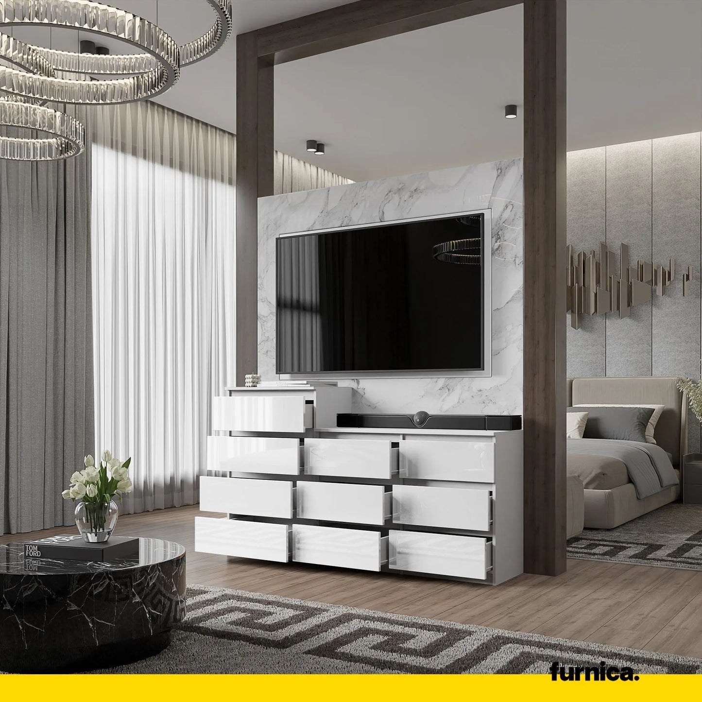 GABRIEL - Kommode / Sideboard mit 10 Schubladen (6+4) - Weiß Gloss H92/70cm B160cm T33cm – Furnica