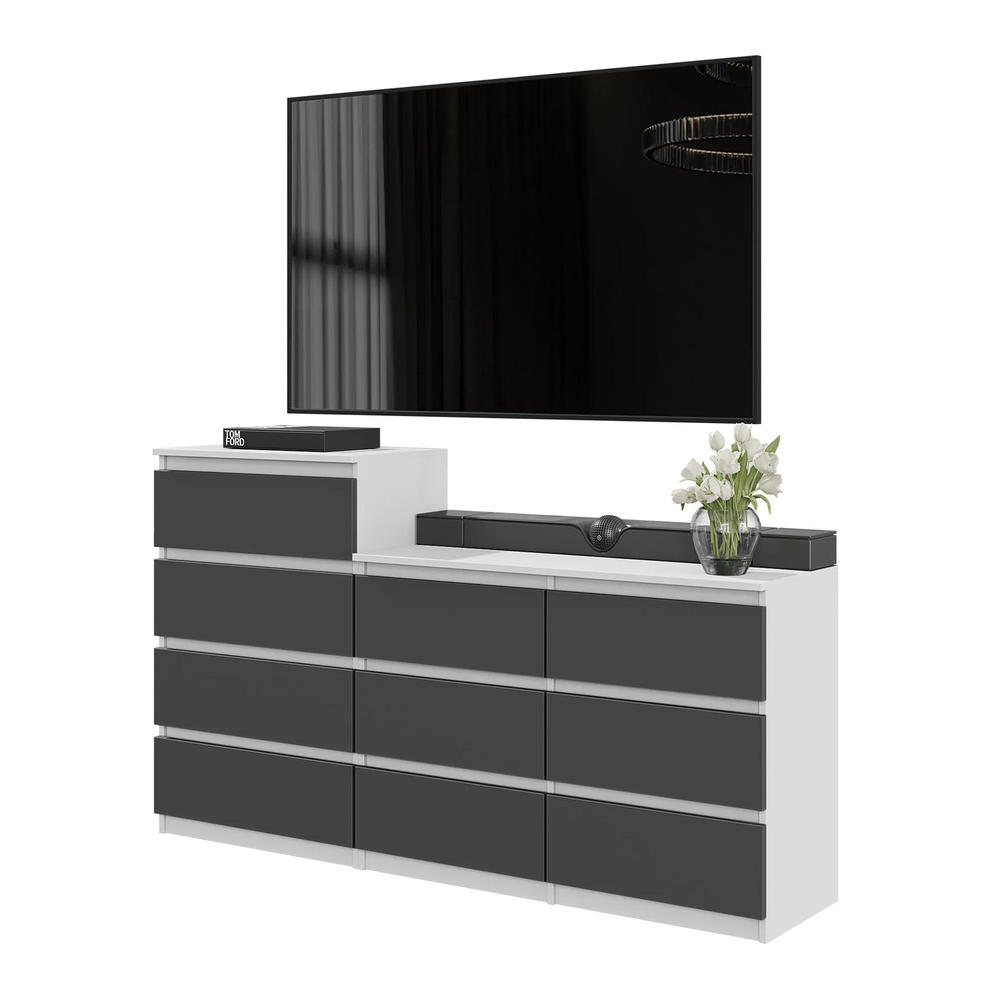 GABRIEL - Kommode / Sideboard mit 10 Schubladen (6+4) - Weiß Matt / Anthrazit H92/70cm B160cm T33cm – Furnica