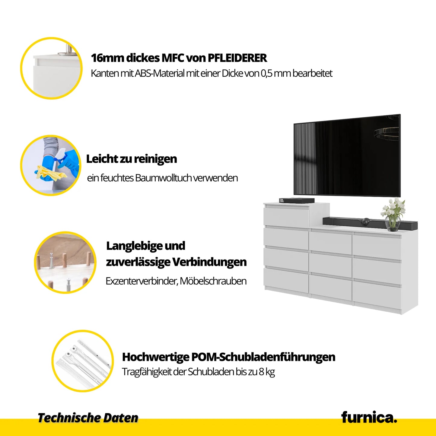 GABRIEL - Kommode / Sideboard mit 10 Schubladen (6+4) - Weiß Matt / Anthrazit H92/70cm B160cm T33cm – Furnica