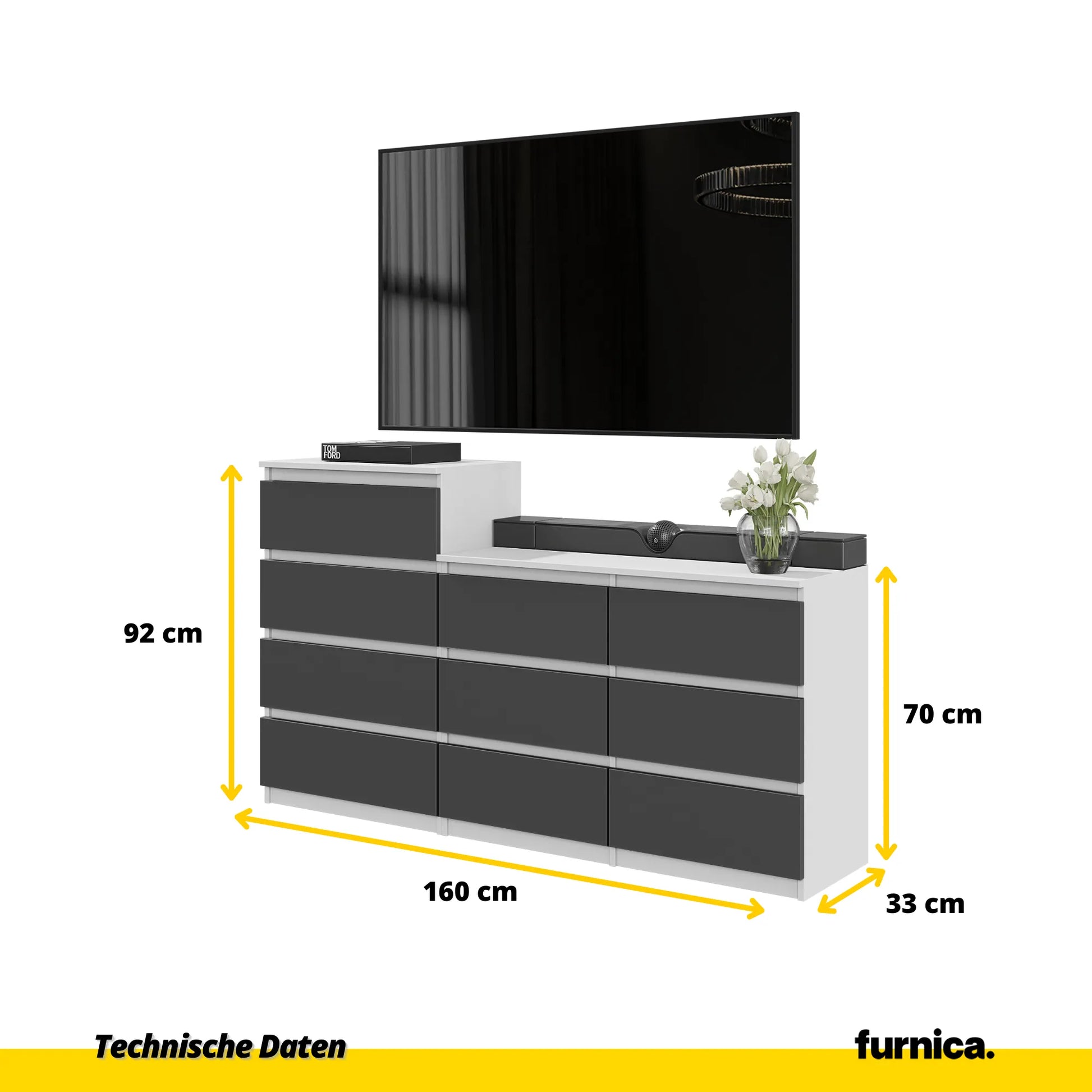 GABRIEL - Kommode / Sideboard mit 10 Schubladen (6+4) - Weiß Matt / Anthrazit H92/70cm B160cm T33cm – Furnica