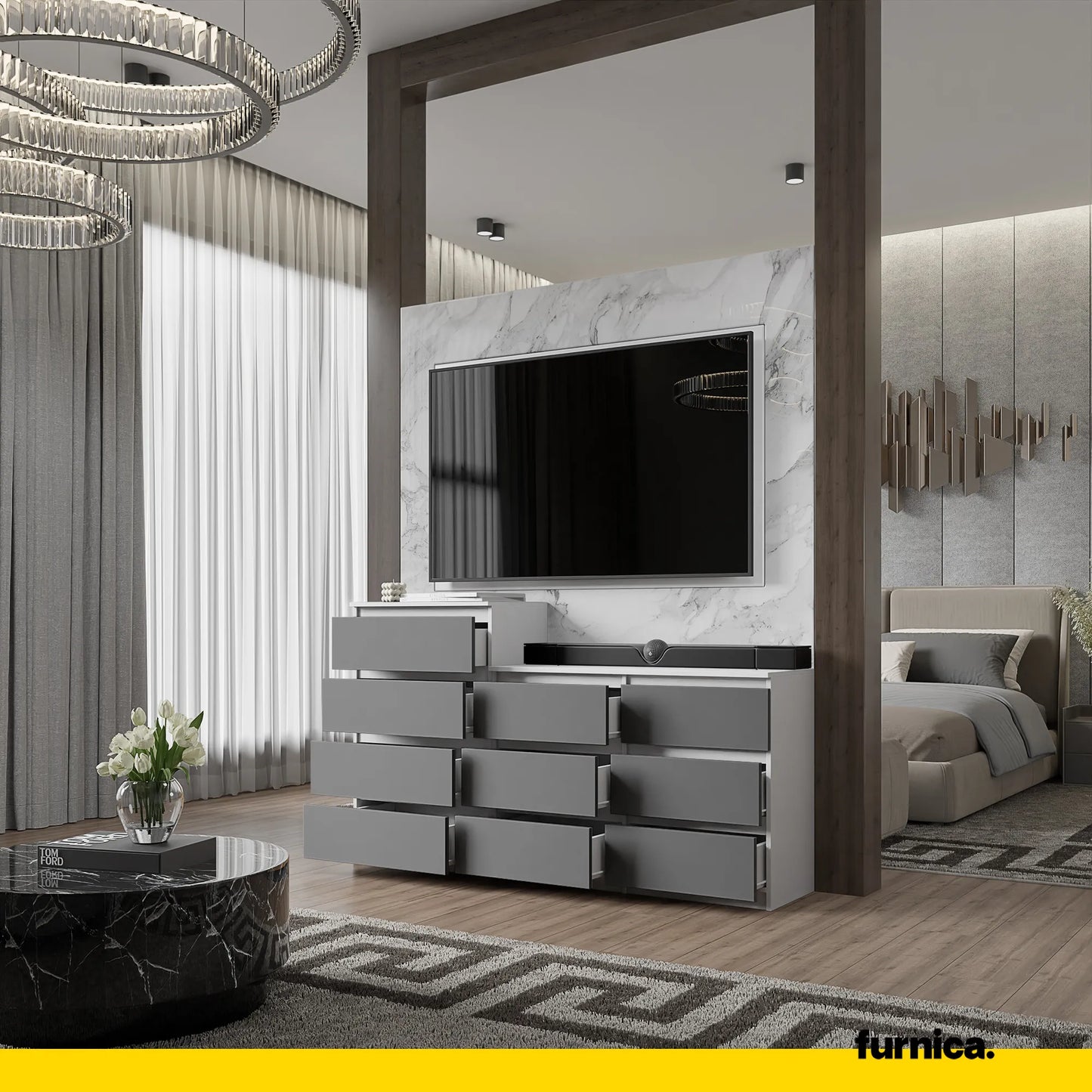 GABRIEL - Kommode / Sideboard mit 10 Schubladen (6+4) - Weiß Matt / Anthrazit H92/70cm B160cm T33cm – Furnica