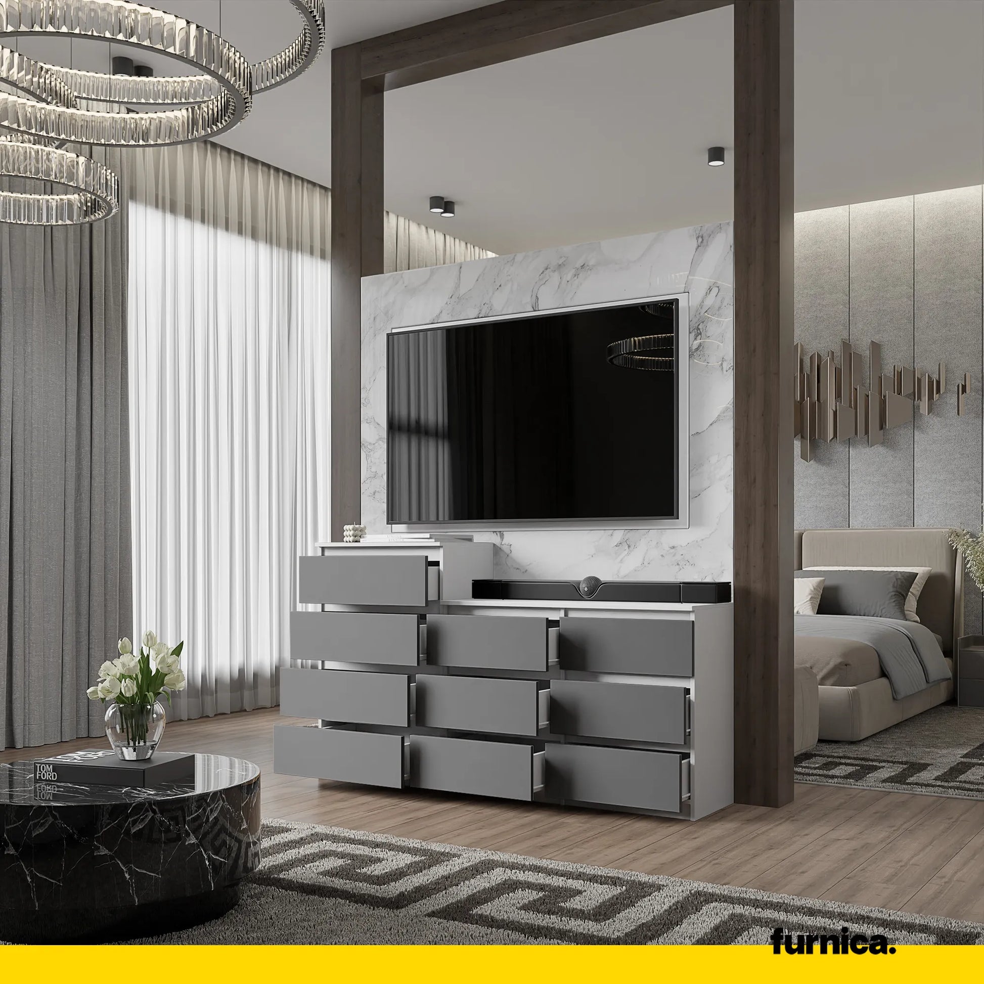GABRIEL - Kommode / Sideboard mit 10 Schubladen (6+4) - Weiß Matt / Anthrazit H92/70cm B160cm T33cm – Furnica