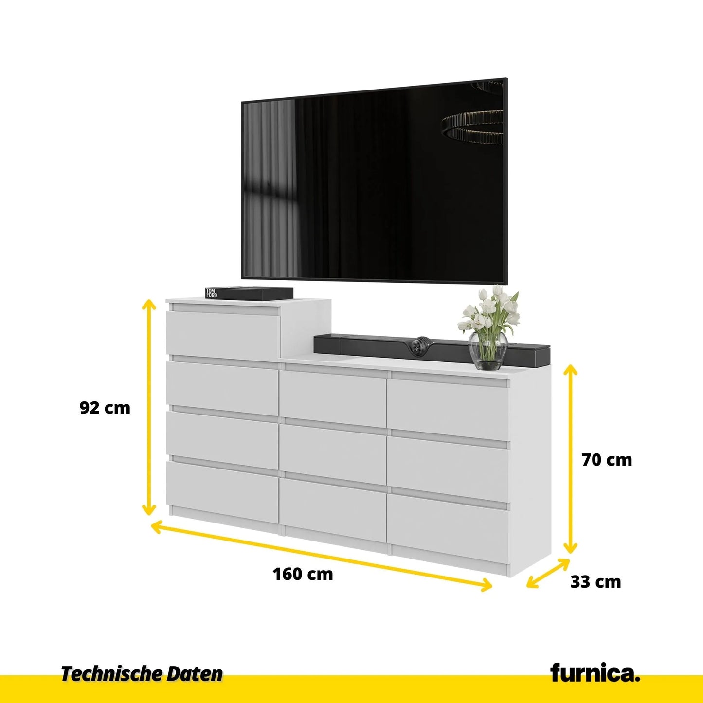 GABRIEL - Kommode / Sideboard mit 10 Schubladen (6+4) - Weiß Matt H92/70cm B160cm T33cm – Furnica