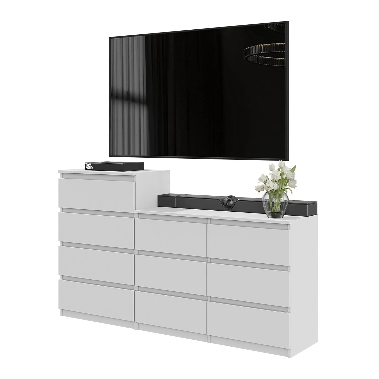GABRIEL - Kommode / Sideboard mit 10 Schubladen (6+4) - Weiß Matt H92/70cm B160cm T33cm – Furnica