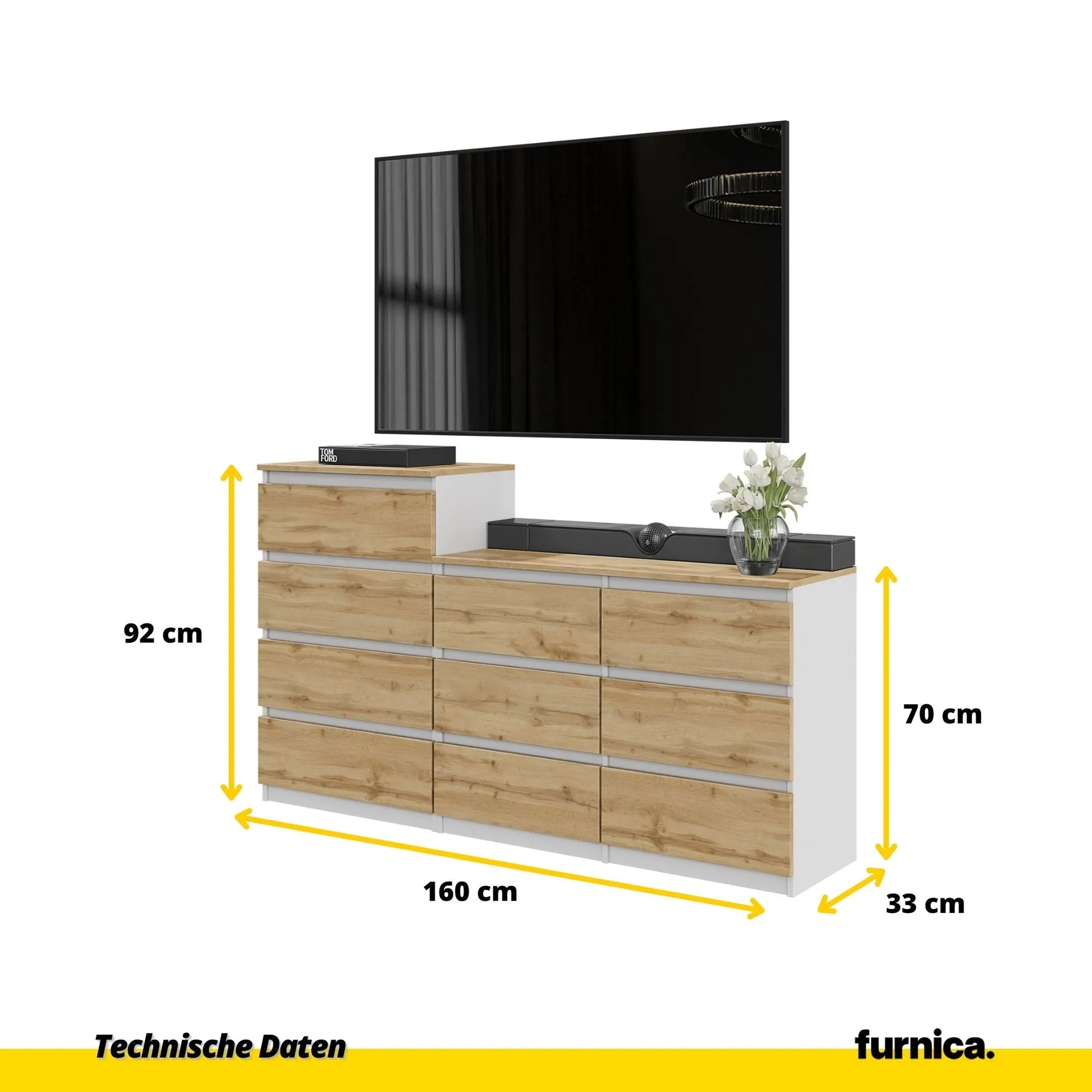 GABRIEL - Kommode / Sideboard mit 10 Schubladen (6+4) - Weiß Matt / Wotan Eiche H92/70cm B160cm T33cm – Furnica
