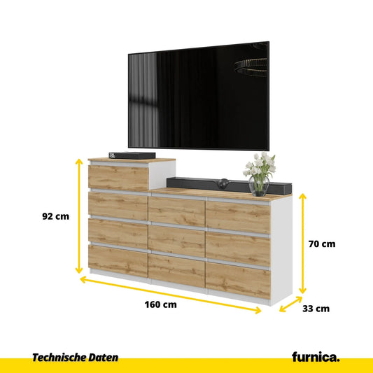 GABRIEL - Kommode / Sideboard mit 10 Schubladen (6+4) - Weiß Matt / Wotan Eiche H92/70cm B160cm T33cm – Furnica