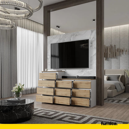 GABRIEL - Kommode / Sideboard mit 10 Schubladen (6+4) - Weiß Matt / Wotan Eiche H92/70cm B160cm T33cm – Furnica