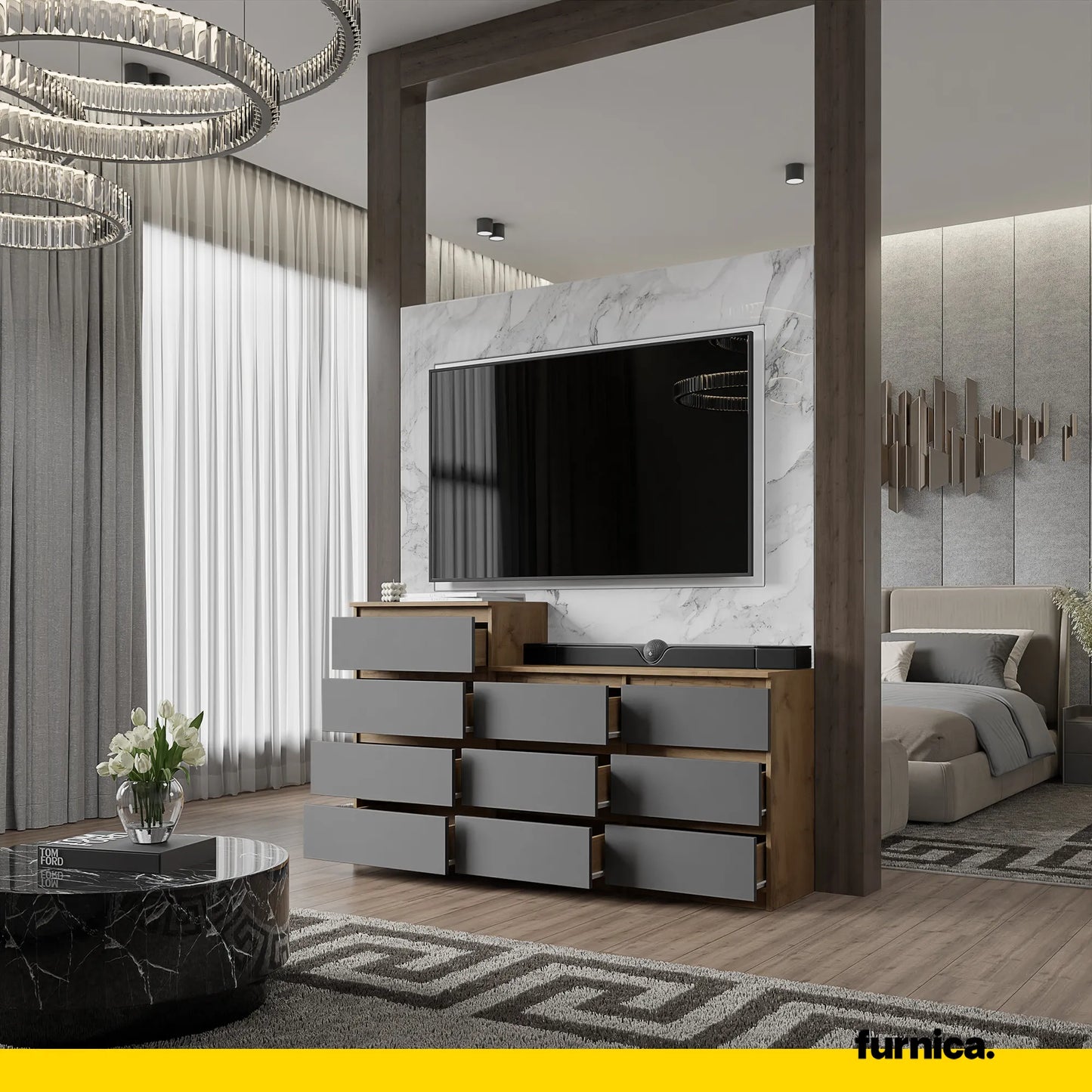 GABRIEL - Kommode / Sideboard mit 10 Schubladen (6+4) - Wotan Eiche / Anthrazit H92/70cm B160cm T33cm – Furnica
