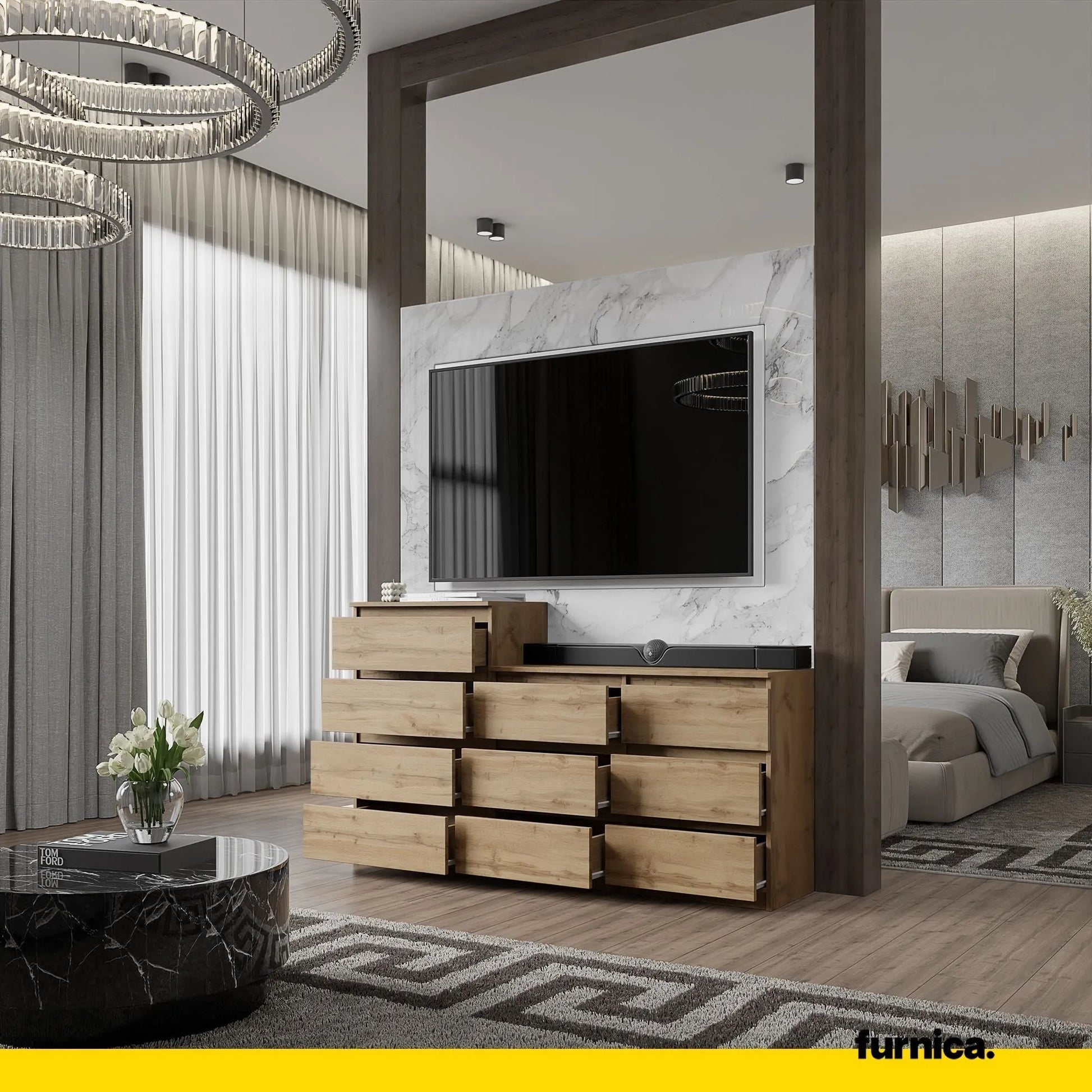 GABRIEL - Kommode / Sideboard mit 10 Schubladen (6+4) - Wotan Eiche H92/70cm B160cm T33cm – Furnica